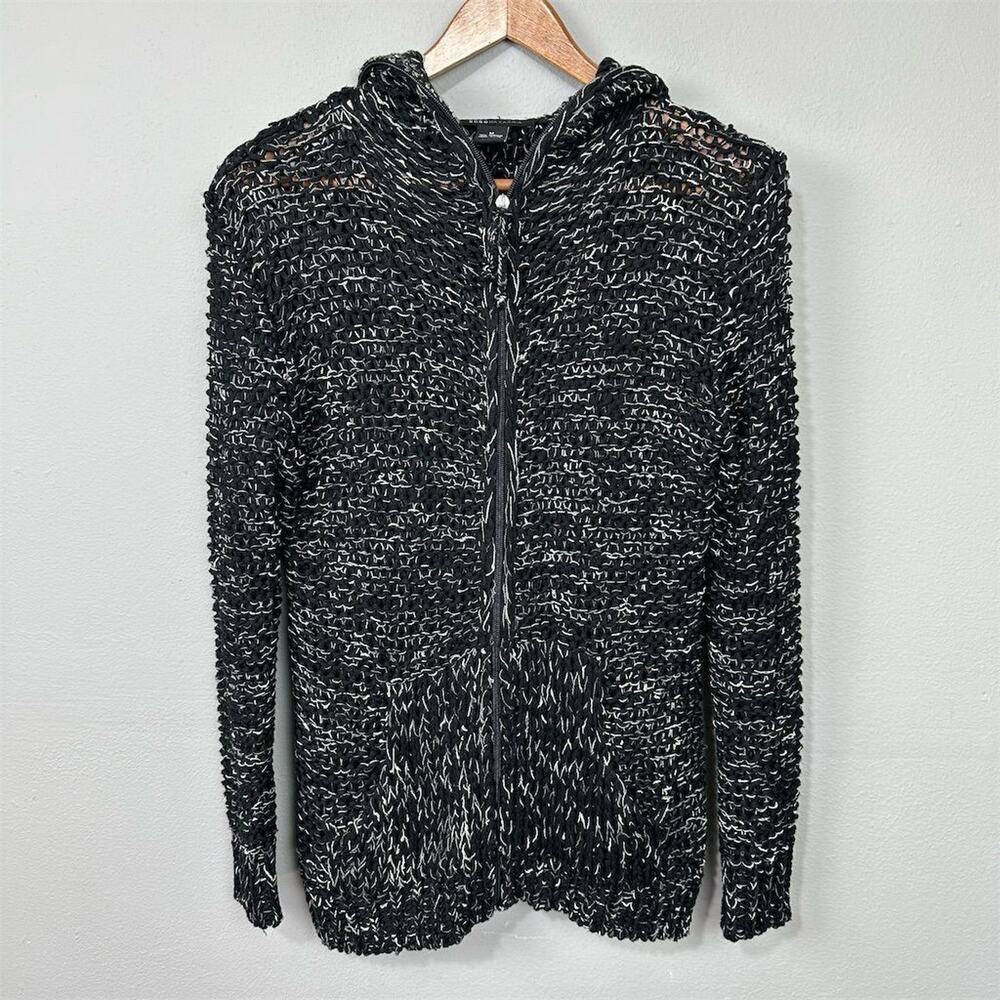 BCBGMAXAZRIA Hooded Cardigan Sweater Black Size M Chunky Open Knit Edgy Artsy